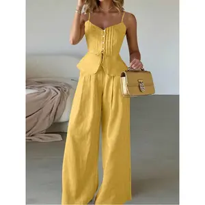 2-piece linen solid color camisole and wide-leg pants set
