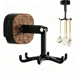 Rotatable 6-Claw Suction Cup Hook, 360 Degree Swivel Foldable Wall Mounted Hook with Wood Accent, No Drill Tool-Free Installation Multifunctional Adhesive Organizer Hook for Home Kitchen Use