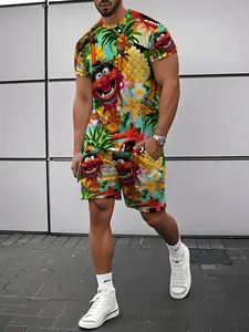 Men's Summer Cartoon Animal Pineapple Floral Print Casual Short Sleeve and Shorts Set