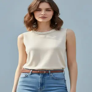 Aria Muse Summer 2026 Korea Knitted Vests Women Top Solid Tank Blusas Mujer De Moda Fashion Female Sleeveless Beading Casual Thin Tops