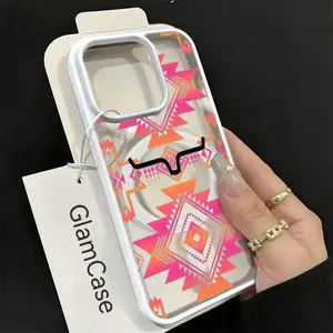 Aztec Pattern Tribal Geometric Style Magnetic Phone Case for iPhone 17 Pro Max 16 Plus 15 14 13 12 11 Pro, Fashion Macaron Magnetic TPU Laser Craft Anti-Drop Phone Cover