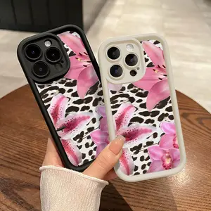 Leopard Pink Lily Pattern TPU Phone Case for iPhone 16 15 14 Pro Max 13 12 11 XR XS Plus Shockproof Full Camera Protection Durable Slim Silicone Cover Cellphone Protective Smartphone Casing