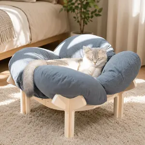 Elevated Cat Bed - Aesthetic Flower Petal Pet Sofa with Premium Cushion, Wooden Dog Lounge Chair for Cats & Puppies, Sturdy Support, Skin-Friendly Washable Pet Furniture, Sage Green, Navy, Pink,, Grey