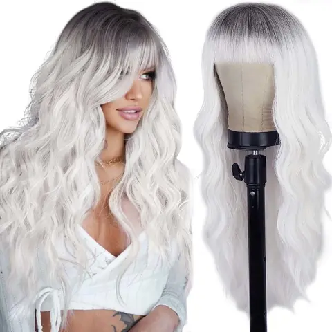 AISI HAIR Female Pre Cut Ombre White Long Wavy Synthetic Wig with Bangs - Dark Root, Heat Resistant Fiber, Multi-Adjustable Size, Breathable Inner Mesh Cap, Beginner-Friendly for Daily Wear & Cosplay, All Seasons, Long Service Life