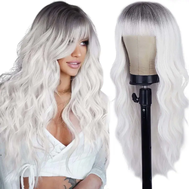 Sohochic AISI HAIR Female Pre Cut Ombre White Long Wavy Synthetic Wig with Bangs - Dark Root, Heat Resistant Fiber, Multi-Adjustable Size, Breathable Inner Mesh Cap, Beginner-Friendly for Daily Wear & Cosplay, All Seasons, Long Service Life