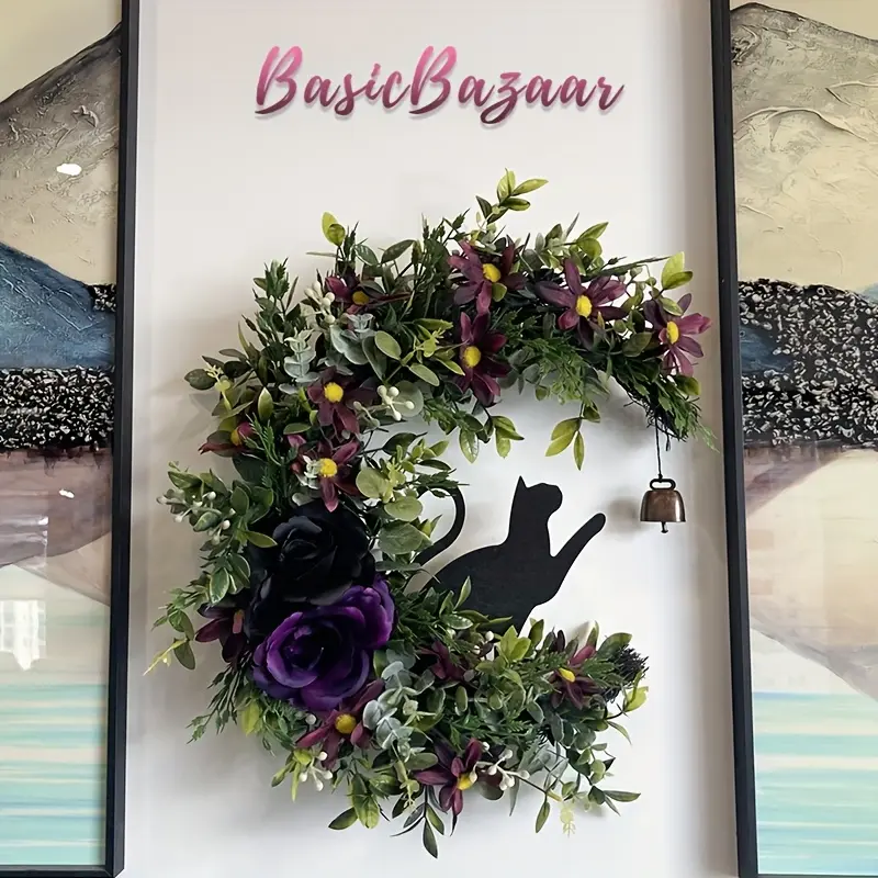18" UV Resistant Halloween Wreath /Outdoor artificial plants- Black Cat Moon with Bells for Front Door, Porch Window Wall Indoor Outdoor, Gothic Party Decor & Gift.front Door Wreath/wreaths.Halloween Home Decor,  Halloween Decorations Outdoor