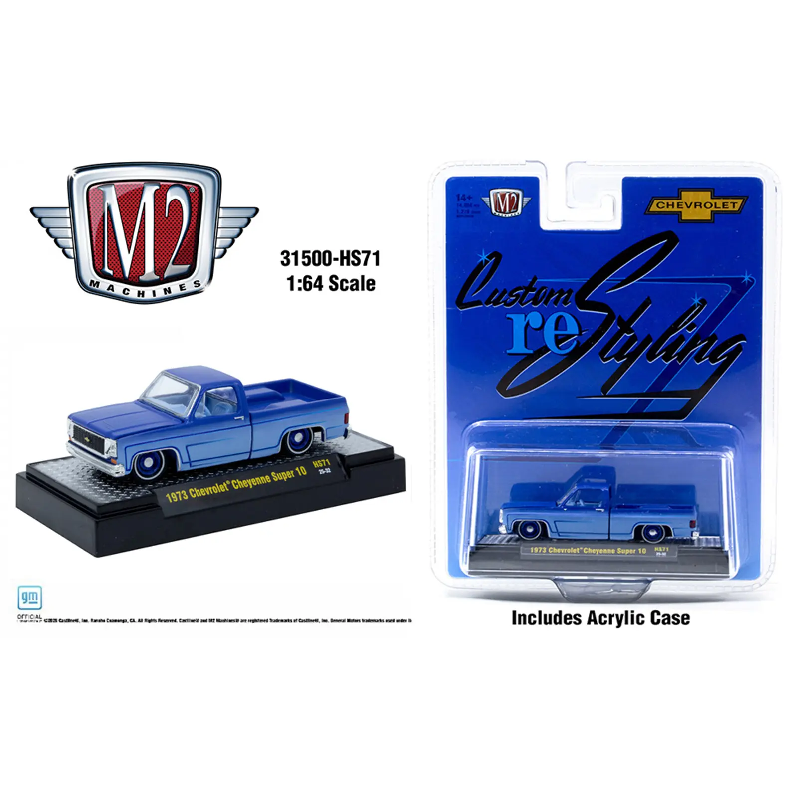 M2 1973 Chevrolet Cheyenne Super 10 Custom Re Styling, Blue, 1:64 Scale, Diecast Model Car