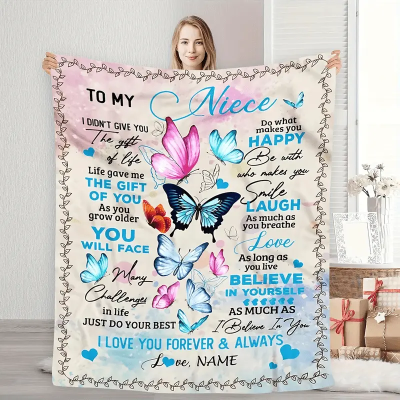 "to My Niece" Flannel Blanket - 280gsm Heavyweight Soft & Warm All-Season Gift with Heart & Butterfly Design, Pastel Colors, Name & Family Photos/ Messages - Cozy Throw for Bed, Couch, Travel, Camping - Sentimental Keepsake for Bi