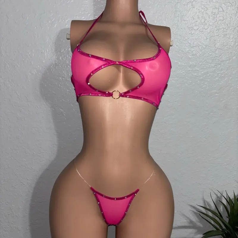 Women's Elastane Solid Color 2-Piece Tie Back Bikini Swimsuits, M-L Size Rhinestone Star Top & Thong with Tie Front Design pink M/L