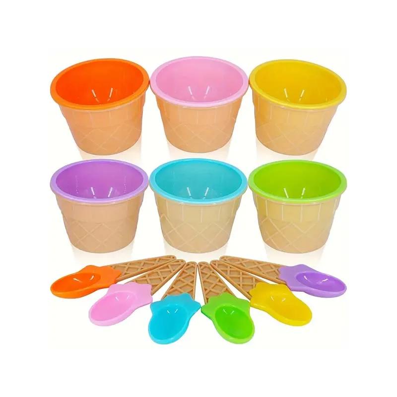 6 Sets Ice Cream Bowl and Spoon Plastic Reusable Ice Cream Bowl Cartoon Egg Cone Children Fruit Dessert Bowl Kitchen Accessories NONE
