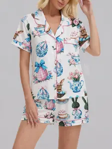 Easter Egg Bunny Tea Print Women's Pajama Set, Pjs, Pyjamas, Collared Button Short Sleeve & Loose Comfortable Shorts, Cute Floral Style All Seasons, Nightwear, Womenswear