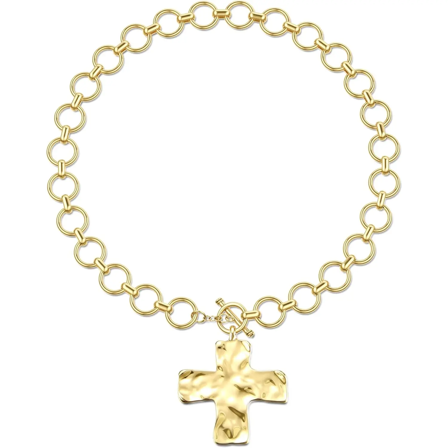 Trendy 18k Chunky Gold Cross Necklace for Women Sweatproof Non Tarnish Thick Gold Layering Hammered Bold Necklace Stacks Toggle Necklace