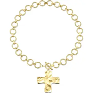 Trendy 18k Chunky Gold Cross Necklace for Women Sweatproof Non Tarnish Thick Gold Layering Hammered Bold Necklace Stacks Toggle Necklace