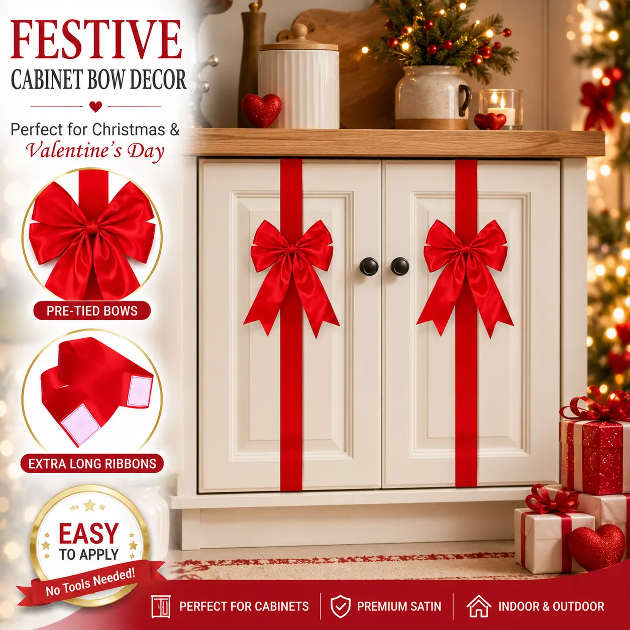 4 Pcs Red Christmas Cabinet Ribbons Bows Large Red Bow Christmas Door Kitchen Cabinet Ribbon Bows Locker for Xmas Holidays Party Decorations Supplies Ornaments