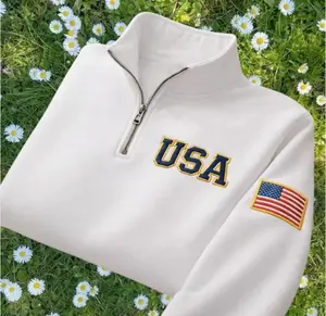 USA Quarter-Zip Embroidered Sweatshirt, Semiquincentennial Tee, Retro USA With Flag In Sleeve Shirt, USA Pride Gift