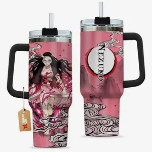 Demon Slayer Kamado Nezuko 40oz Tumbler – Stainless Steel Travel Mug with Handle, Straw, Insulated, Manga, Anime Lover, Kimetsu No Yaiba Gift for Men and Women