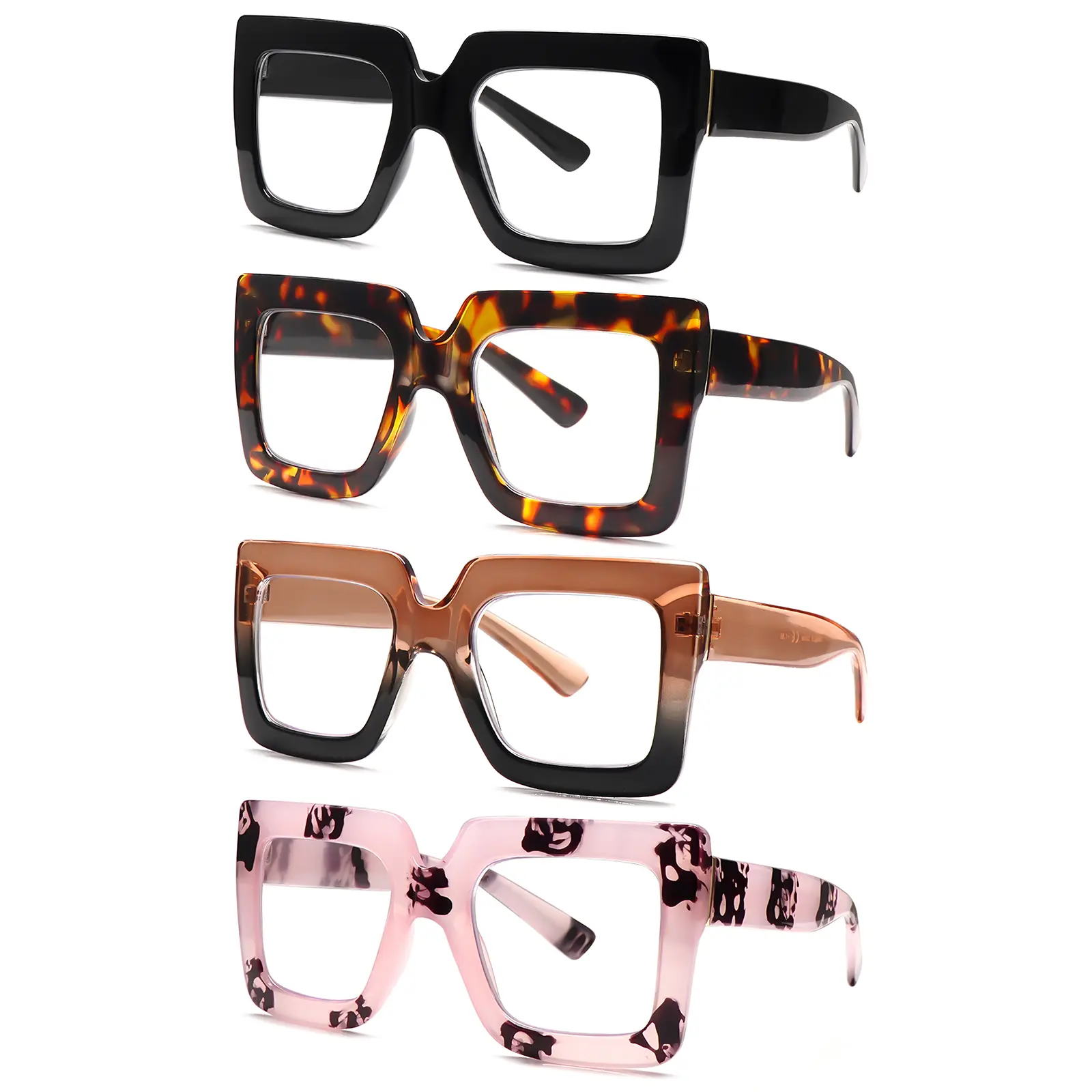 4 Packs Blue Light-blocking Reading Glasses,designed specifically for women. Featuring stylish, oversized frames, a spring hinge mechanism, and high-quality blue light-blocking lenses,perfect for daily commutes, computer work, and as holiday gifts. Anti B