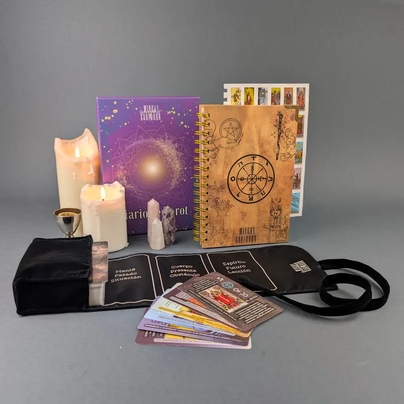 SPANISH Tarot Learning Set for Beginners in BLACK with Journal, Cards, Velvet Tarot Holder Wrap, Tarot Journal, and Stickers