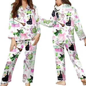 Women’s Wicked Themed Pajamas Set – Cute “Changed for Good” Cartoon Print Short Sleeve Button-Up & Shorts Sleepwear, Soft Silky Satin Lounge Set for Women