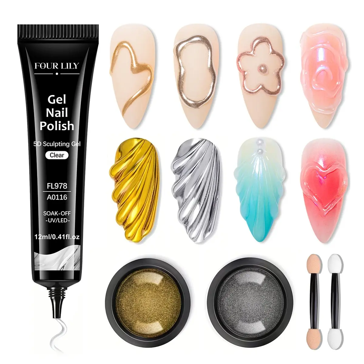5D Sculpting Gel & Chrome Powder Set for Home Nail Art 3Pcs, 12ML Clear Glossy Nail Art Shaping Gel, Golden Silvery Metal Mirror Chrome Powder, DIY Manicure, Nail Styling, Nail Design, Kit, Nail Art Supply, Nail Decoration Supplies