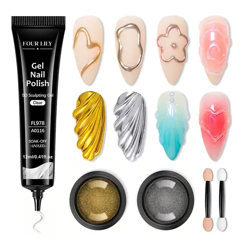 5D Sculpting Gel & Chrome Powder Set for Home Nail Art 3Pcs, 12ML Clear Glossy Nail Art Shaping Gel, Golden Silvery Metal Mirror Chrome Powder, DIY Manicure, Nail Styling, Nail Design, Kit, Nail Art Supply, Nail Decoration Supplies, Nail Art Products
