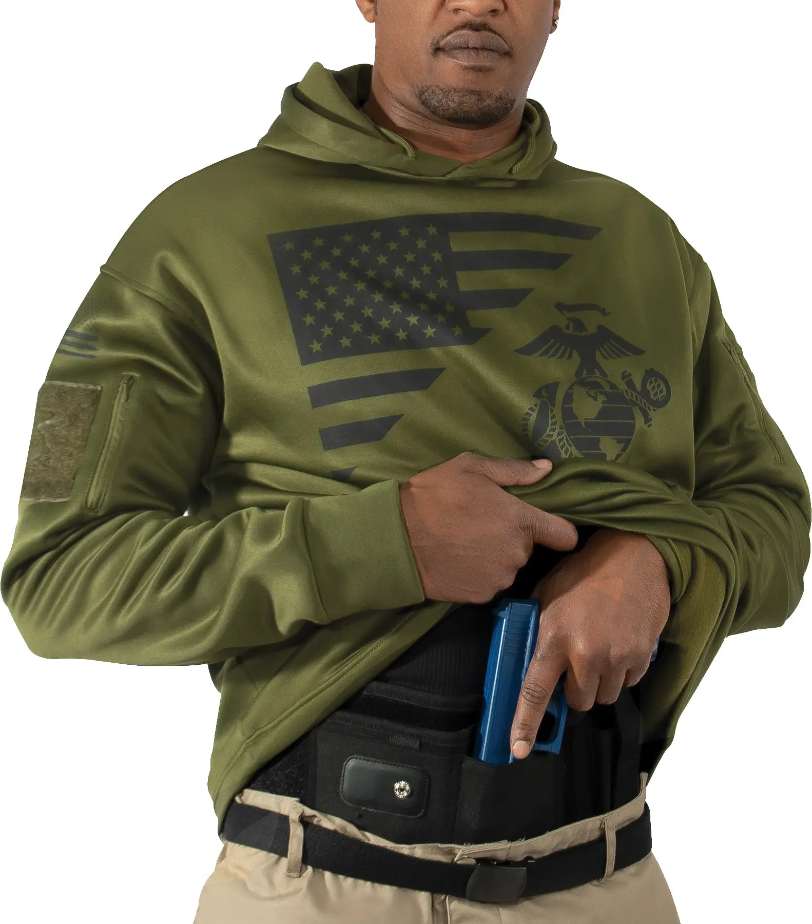 Men's USMC Hooded Sweatshirt, Olive Drab Performance Pullover with Concealed Carry Pocket, US Flag Graphic & Zippered Sleeve Pockets, Tops, Menswear, Kangaroo, Long Sleeve