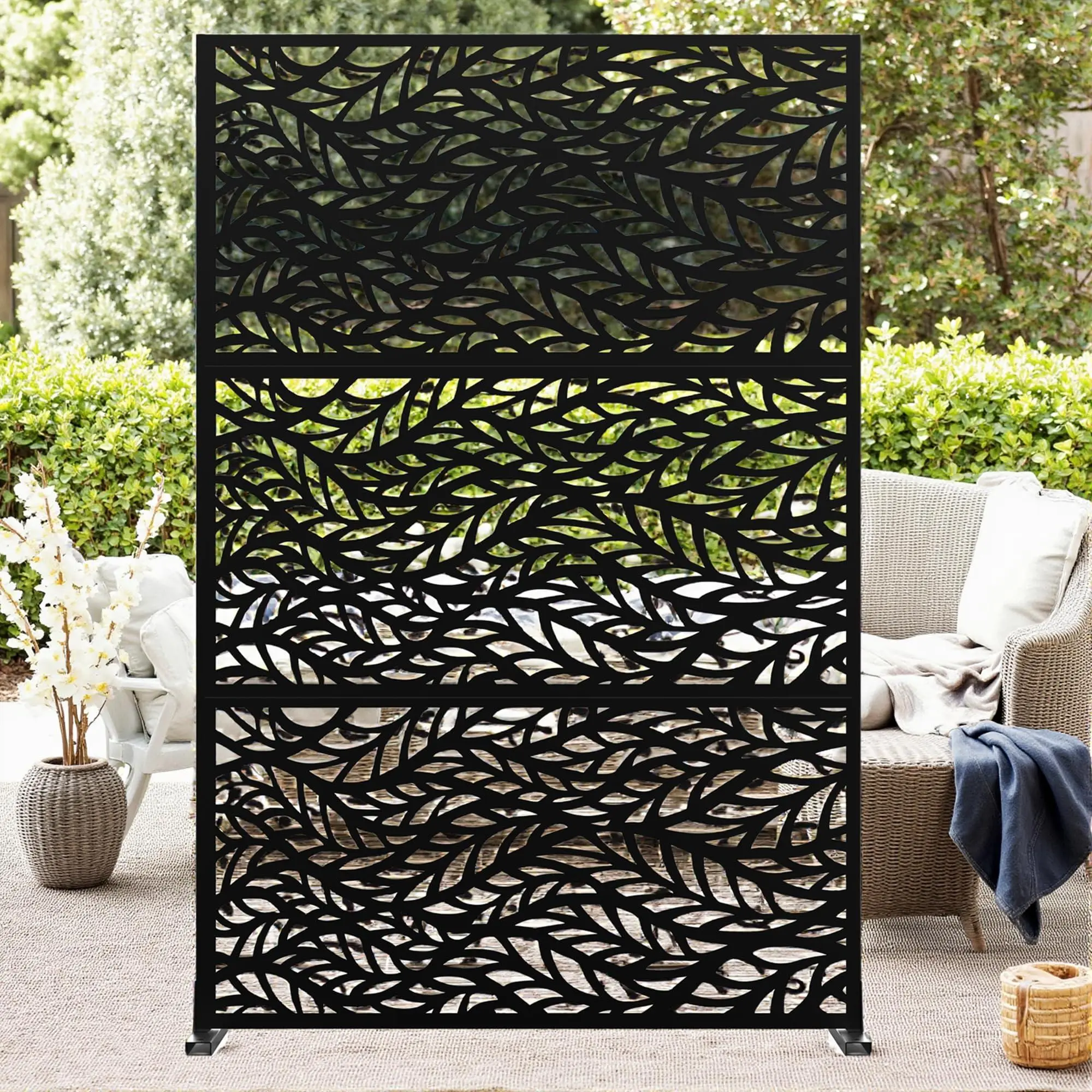 Modern Metal Privacy Screen - 72" H x 47" W Decorative Fence Panel, Free-Standing, Weather-Resistant, Easy-Assembly, Adjustable Room Divider for Patio Garden, Living Room (Indoor & Outdoor Compatible)