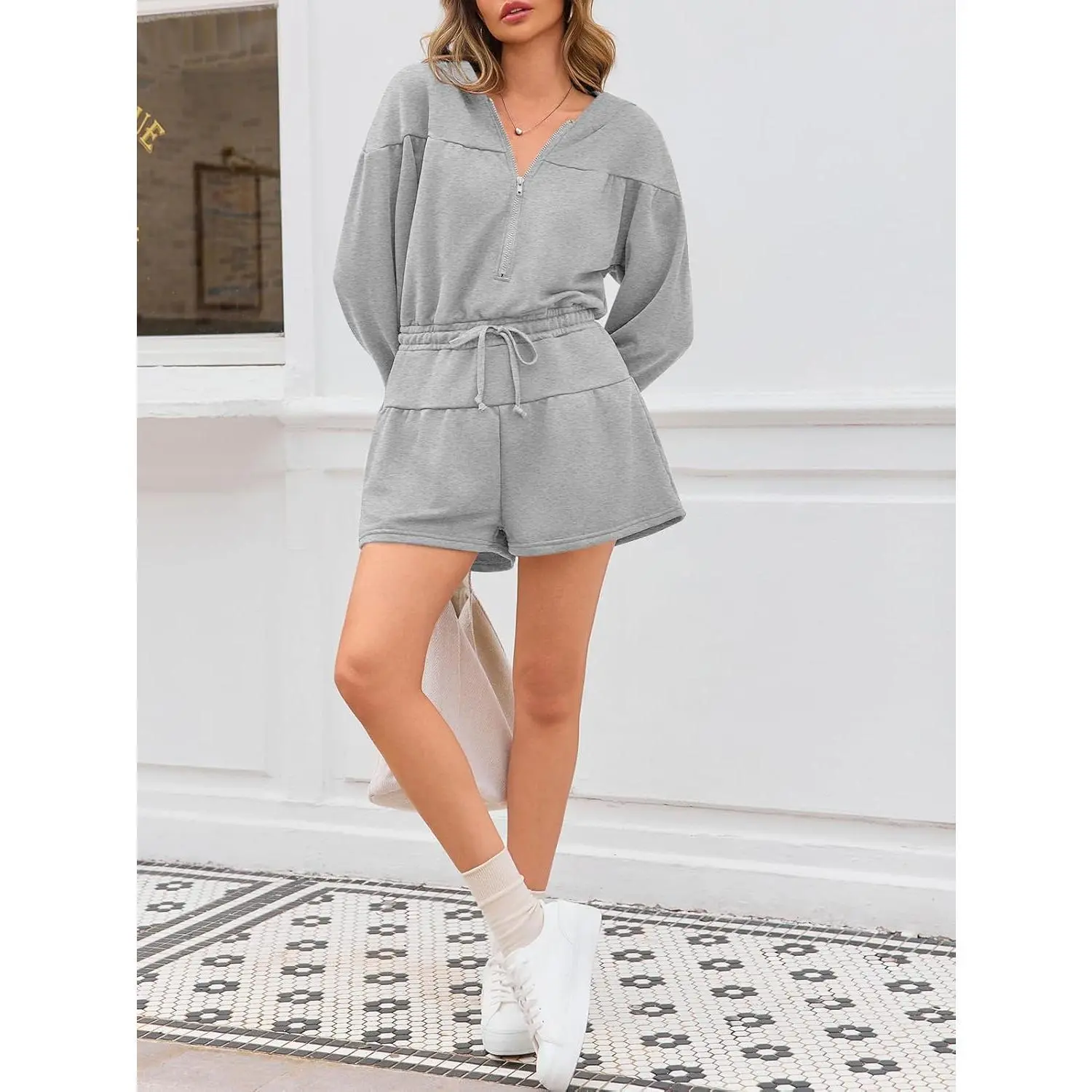 PASLTER Womens Rompers Casual One Piece Outfits Half Zip Long