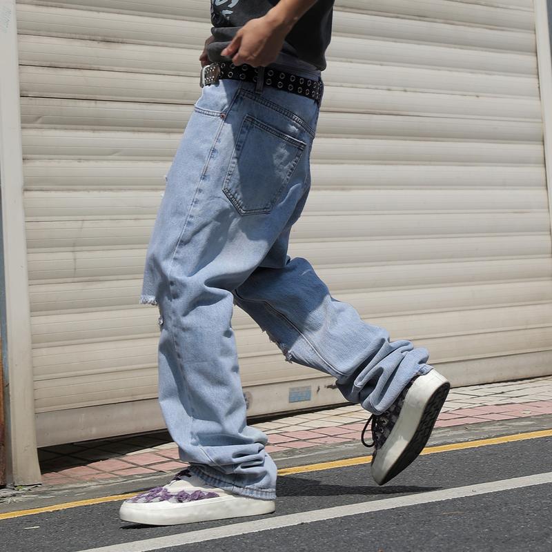 MZNBURAM Men's Ripped Non-Stretch Relaxed Fit Straight-Leg Denim Pants Jeans-Menswear Streetwear Trouser