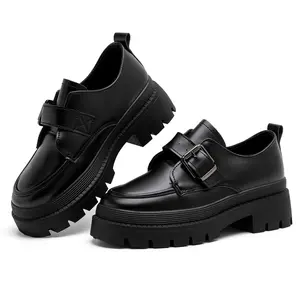 Black Buckle Chunky Platform Loafers for Women - Lightweight Non-slip Lug Sole Casual Shoes, Perfect for School, Daily Wear & Preppy Outfits,Thick Sole Student Footwear