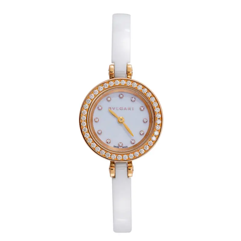 Bvlgari B.zero1 23mm Quartz 18K Rose Gold and White Ceramic Factory Diamond Bezel White Dial with Diamond Hour Markers Ladies Watch WHT031984