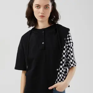 Women's Fashion Casual Round Neck Plaid Splicing Irregular Short-Sleeved T-Shirt Summer Trend Streetwear Top