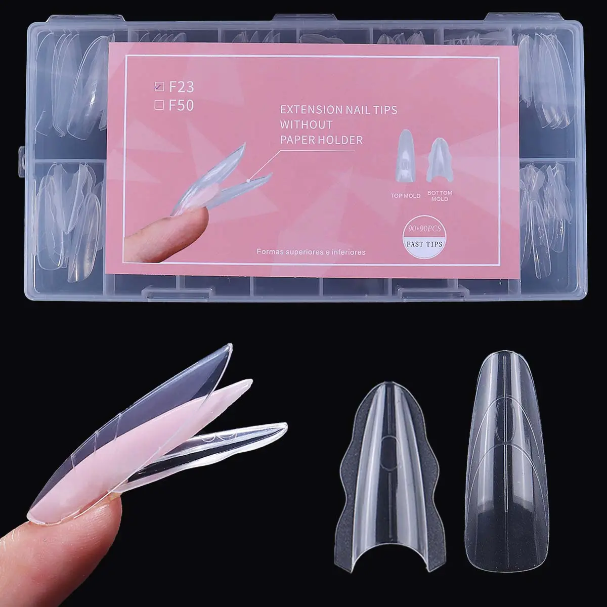 Sandwich Nail Double Mold Set, 180pcs Long Oval Coffin Shape, Quick Manicure Tools, Nail Art Tool, No Paper Template Needed, 14 Sizes Clear Plastic Molds, Nail Extension Set, Nail Art Diy, Nail Art Supplies