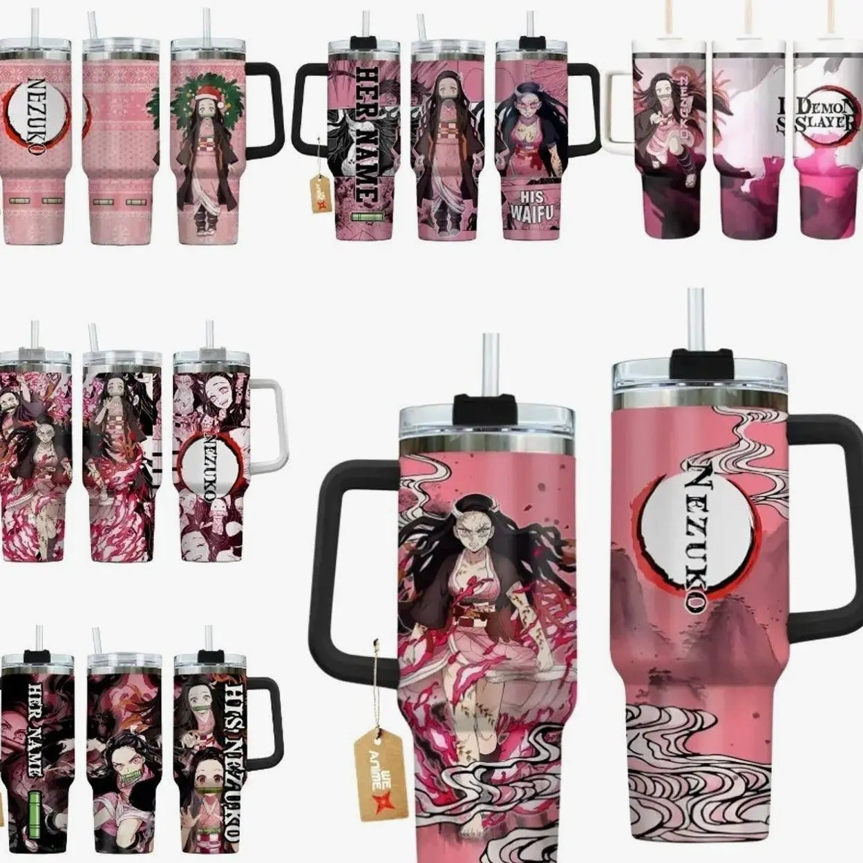 Nezuko Demon Slayer 40oz Pink Floral Anime Aesthetic Tumbler - Insulated Travel Mug with Handle - Pink Kimono Graphic Stainless Steel Cup