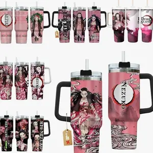 Nezuko Demon Slayer 40oz Pink Floral Anime Aesthetic Tumbler - Insulated Travel Mug with Handle - Pink Kimono Graphic Stainless Steel Cup