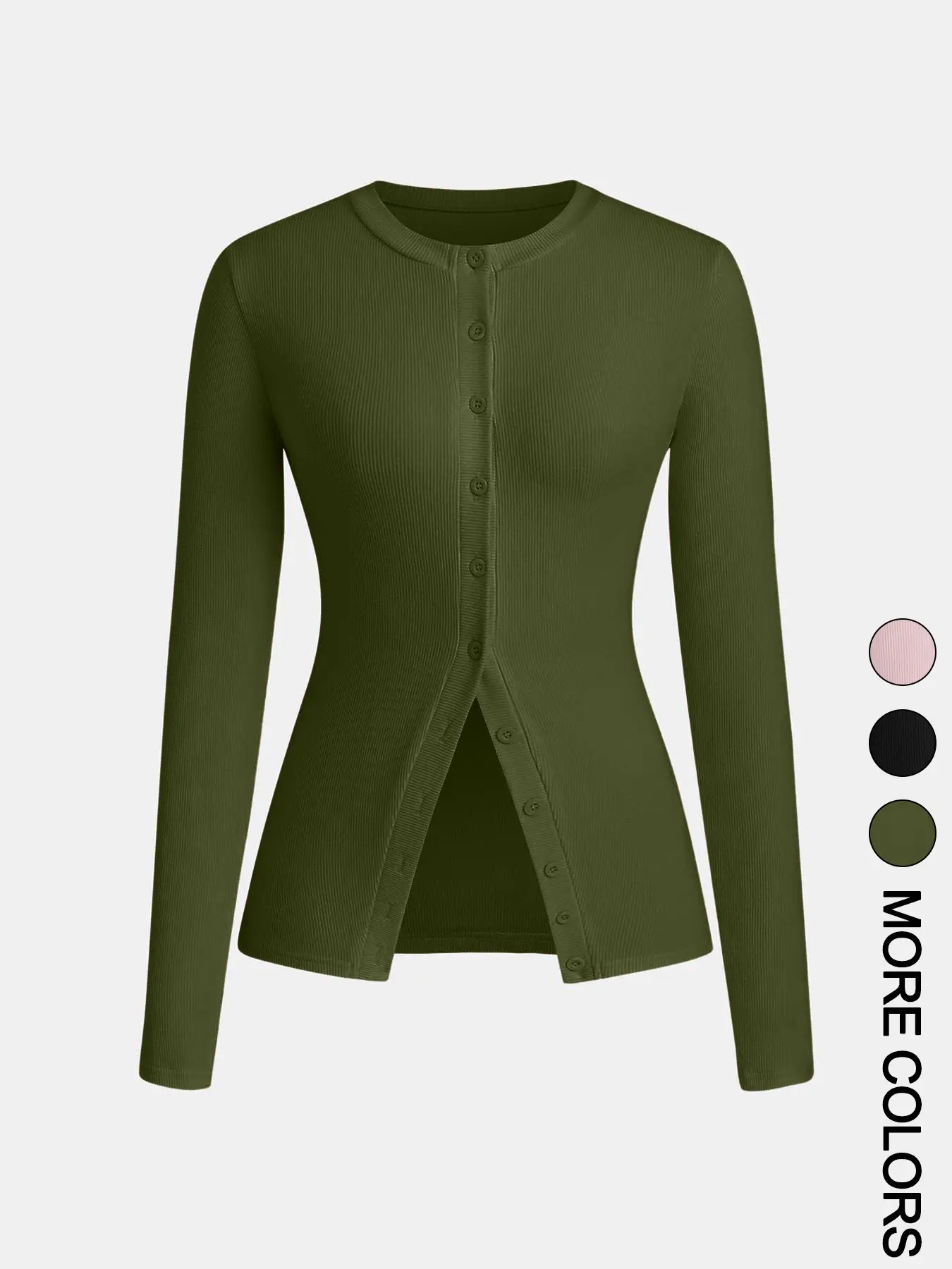 Women's Casual Round Neck Long Sleeve Button Front Fitted Top, Aesthetic Basic Solid Color Design, Extended Length, Perfect for Daily Wear, Womenswear