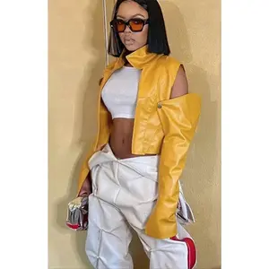 Yellow Irregular Faux Leather Women's Hollow-Out Long Sleeve Streetwear Patchwork Cropped Jacket