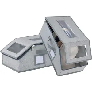 2 Pack Grey Stackable Hard Hat Boxes with Lids, Hat Storage Organizer Holders for Women Men, Fits Curved Baseball Caps for Closet Travel, Each Holds 12 Hats (2pcs)