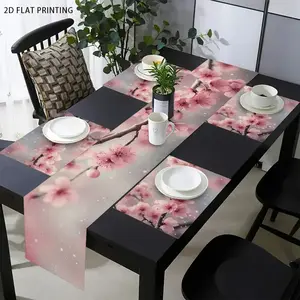 2D flat printing, 1 piece/4 pieces/6 pieces/5 pieces set/7 pieces set, pink floral pattern table flag and placemat set, seasonal kitchen and dining table decoration, family gathering table accessories, indoor and outdoor universal daily necessities