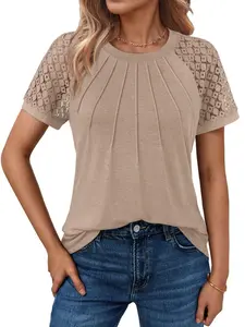 Women's Summer Round Neck Lace Patchwork Hollow Out Short Sleeve T-Shirt, Casual Everyday Fit Knit Top for Business Commute, Teacher Wear