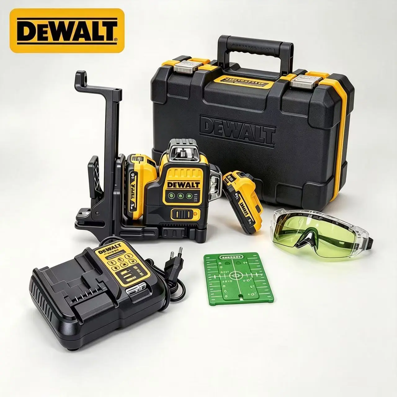 DEWALT DW089LG  3×360° 12-Line Green Self-Leveling Laser Level Kit, 532nm Green Beam, 2Ah Battery, Charger, Magnetic Bracket, Target Plate, Safety Glasses, Hard Case, for Tile Installation, Framing LED Arrow Stud Finder