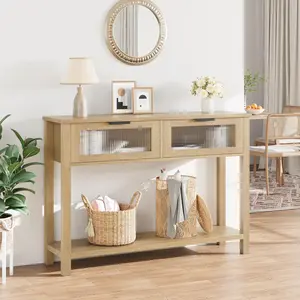Garvee Rustic Modern Farmhouse Entryway Table with Narrow Console Design, Glass-Front Drawers, 2-Level Open Shelf, MDF Top, and Solid Wood Legs Sofa Table in Natural Wood Finish