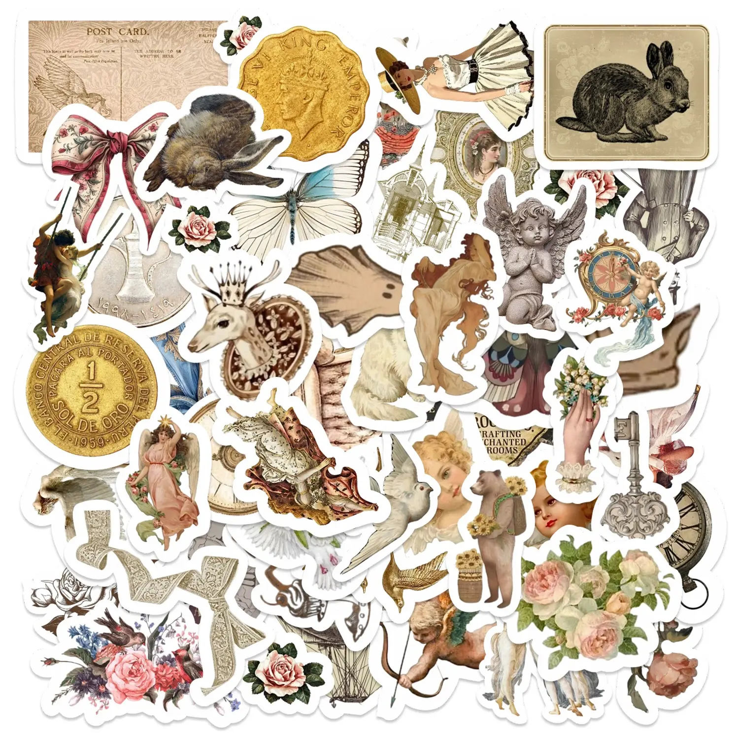 53pcs Vintage Victorian Ephemera Stickers Pack, Waterproof Retro Angel Flower Decals for Junk Journal, Scrapbook, Stickers for Scrapbooking, Crafts, Laptop & Water Bottle, Antique Lover Gift