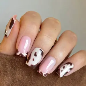 10pcs Minimalist Daily Fashion Ins Personalized Hot Girl Hand-Painted Cocoa Brown Cow Print Medium-Short Square Acrylic Press On Nail Stickers