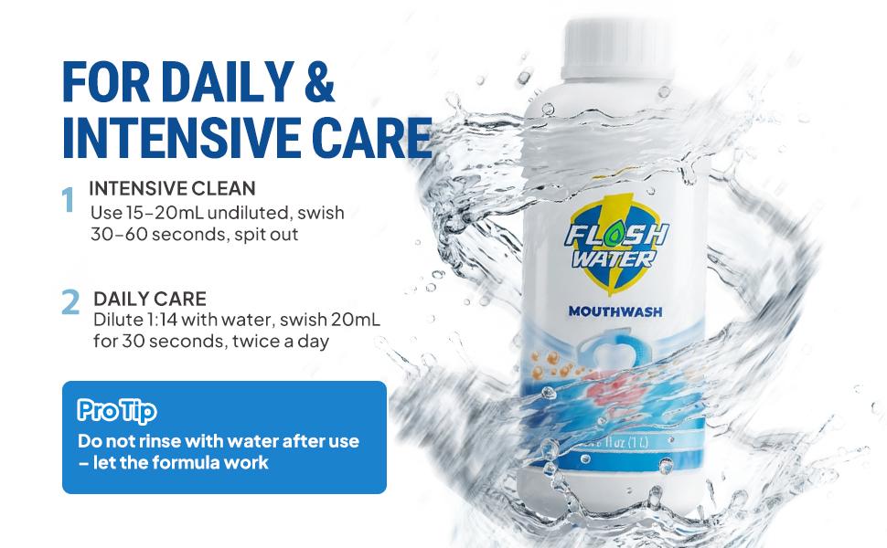 Flashwater Anti-Biofilm Mouthwash Hypochlorous Acid Oral Rinse Alcohol-Free Fluoride-Free Sensitive Gum Friendly Long-Lasting Fresh Breath Dilutable 1:14 Family Safe for Adults & Kids 6+ FDA 16.9 fl oz 33.8 fl oz