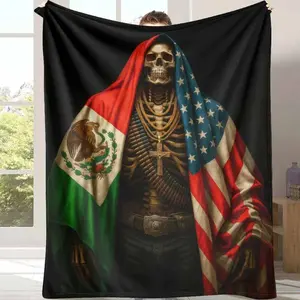 Skeleton Flannel Blanket USA Mexico Flag Print Soft Cozy Warm Lightweight AntiPilling AntiWrinkle Perfect for Sofa Bed Travel Home Decor Memorial Day Gift Patriotic Events Applies to Super soft  decorative sofa/sofa/bedroom