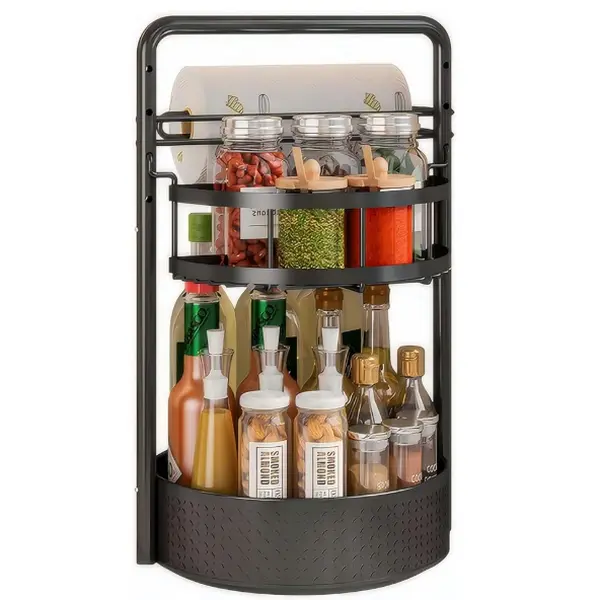2-Tier Metal Kitchen Lazy Susan Turntable Organizer Rack - 360-Degree Rotatable, with Paper Towel Holder, Spice Jar & Condiment Storage, Dish Drying Function, for Cabinet & Countertop Home Storage; Fits Beauty, Books, Clothes, Jewelry Items