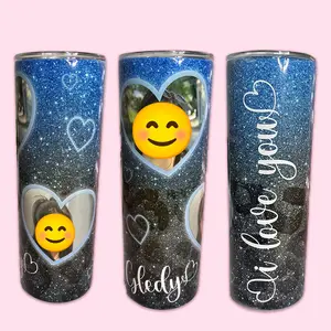 Customized Glitter Blue with Pictures Tumbler 20 oz – Gift | Stainless Steel Thermos that Keeps Heat and Cold (Copia)