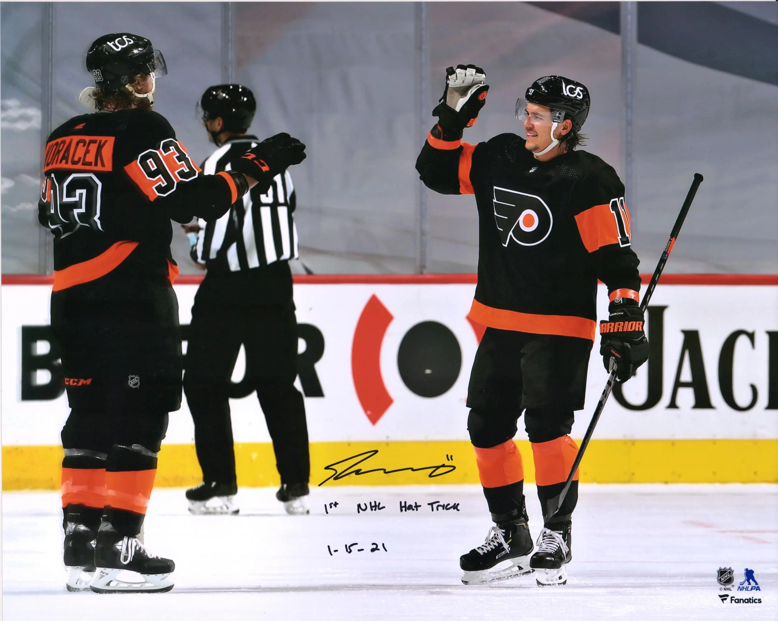 Travis Konecny Philadelphia Flyers Autographed 16" x 20" Hat Trick Celebration Photograph with "1st NHL Hat Trick 1/15/21" Inscription - Fanatics Authentic Certified