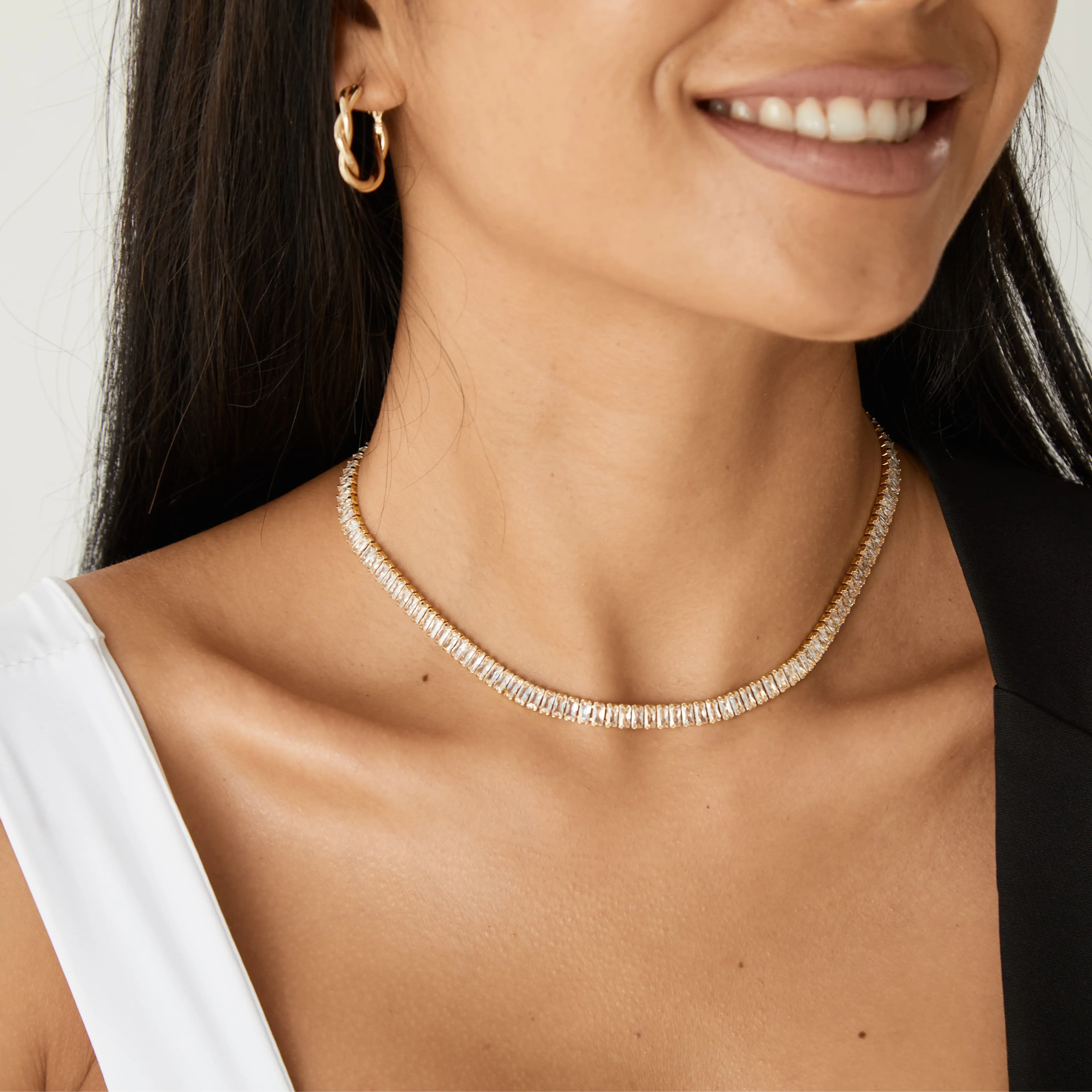 Diamond Tennis Necklace for Women, 14K/White Gold Plated Cubic Zirconia Baguette Tennis Chain Chunky Paperclip Link Cuban Choker Necklace Dainty Jewelry for Christmas Gifts